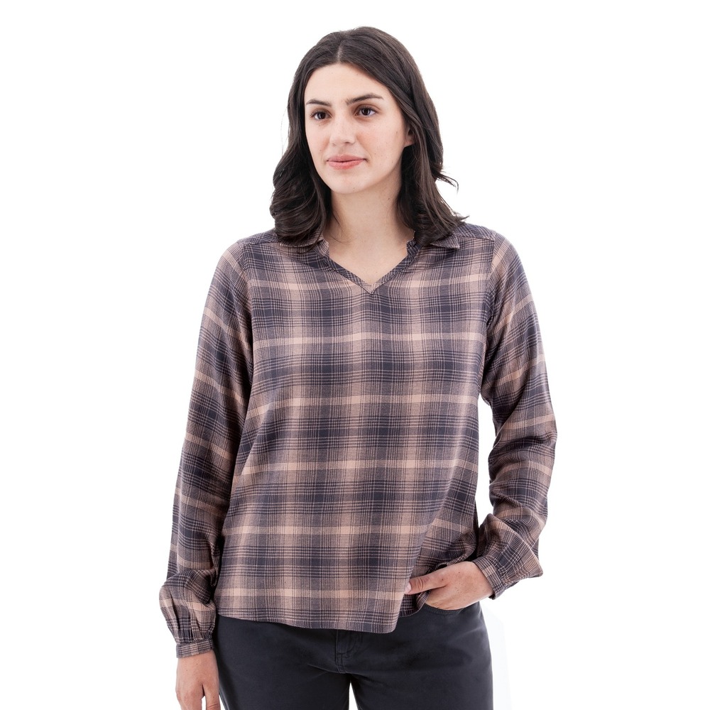 Aventura Plaid Split V-Neck Blouse Mauve Grey EcoVero Sustainable Top Small